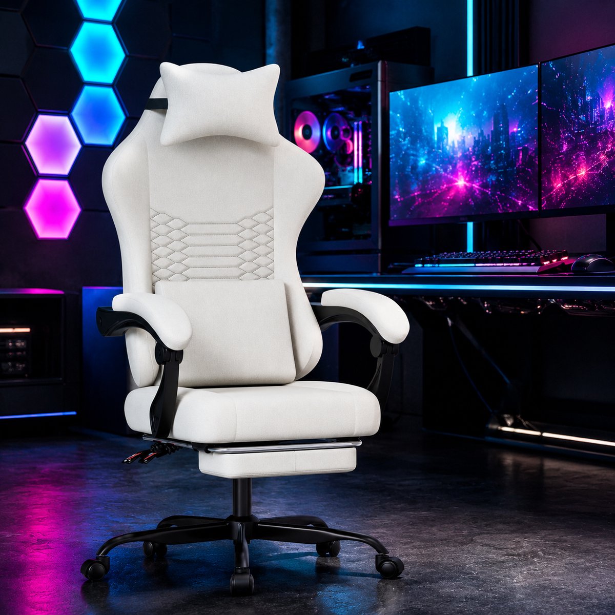 Gamingstoel - Ergonomische Bureaustoel – Met Armleuningen En Voetsteun – Verstelbare Rugleuning – Met hoofdsteun - Met lendensteun - Stof - Wit