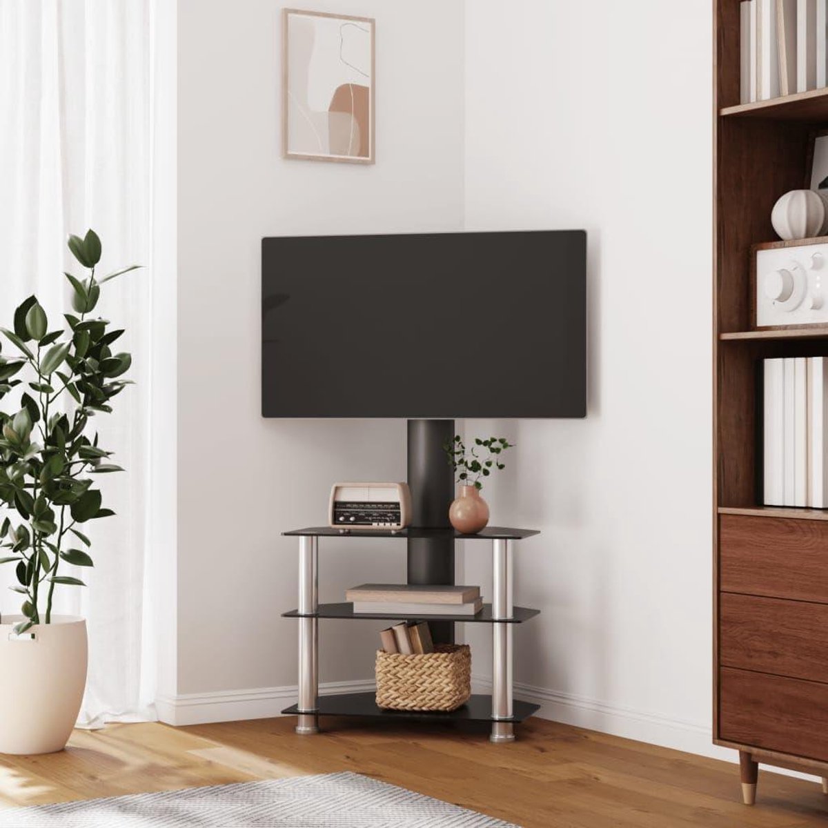 Hoek TV Stand - Tv meubel - Media Opslag - Draaibare functie - 655 cm breed - Zwart zilver