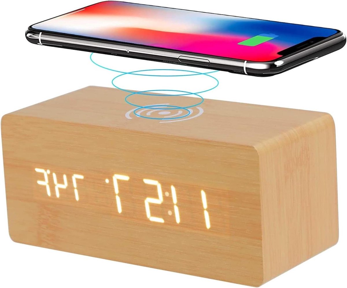 Digitale Wekker - Houten Klok - Wakker Worden - Draadloze Oplader - 14.5 cm - Houtkleur