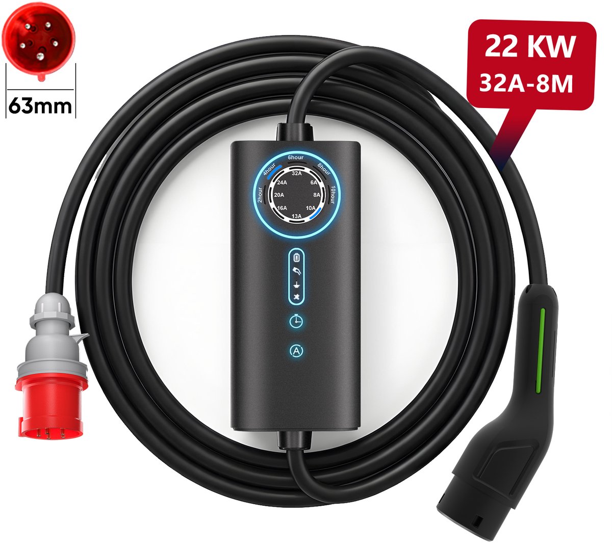 Hexinex - EV Mobiele Thuislader Laadkabel - 22 KW 32 A-8 m - laadstation Geschikt voor Elektrische Auto's