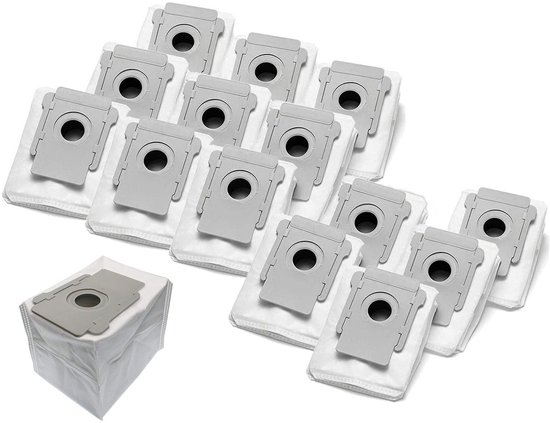 Twaalf witte stofzakken met grijze bovenkant, waaronder één vooraan, voor iRobot Roomba s9+.