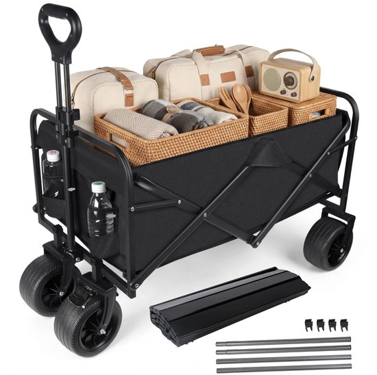 Opvouwbare Handkar - Campingwagen - Bolderkar voor Strand en Tuin - Opbergwagen met All Terrain Wielen - 600D Oxford Stof en Stalen Frame - Zwart - 150 Liter - Geschikt voor Kamperen en Boodschappen - Inklapbaar Ontwerp — afbeelding 5