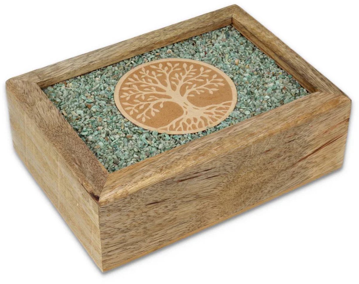 Tarot sieradendoos Tree of life amazoniet mangohout - ± 18 cm x 14 cm x 7 cm