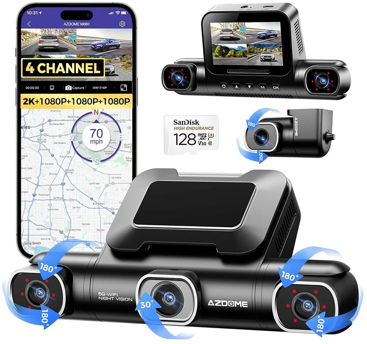 AZDOME M660 2K 4CH 360° Dash Cam - 4 Camera's (voor + achter + links + rechts), Geheugenkaart 128GB + 64GB, GPS, 5G WiFi, 3" Touchscreen, G-Sensor & IR Nachtzicht - Professionele Auto Beveiliging - Haarscherpe Nachtzicht - Dashcam Auto 2026 Model