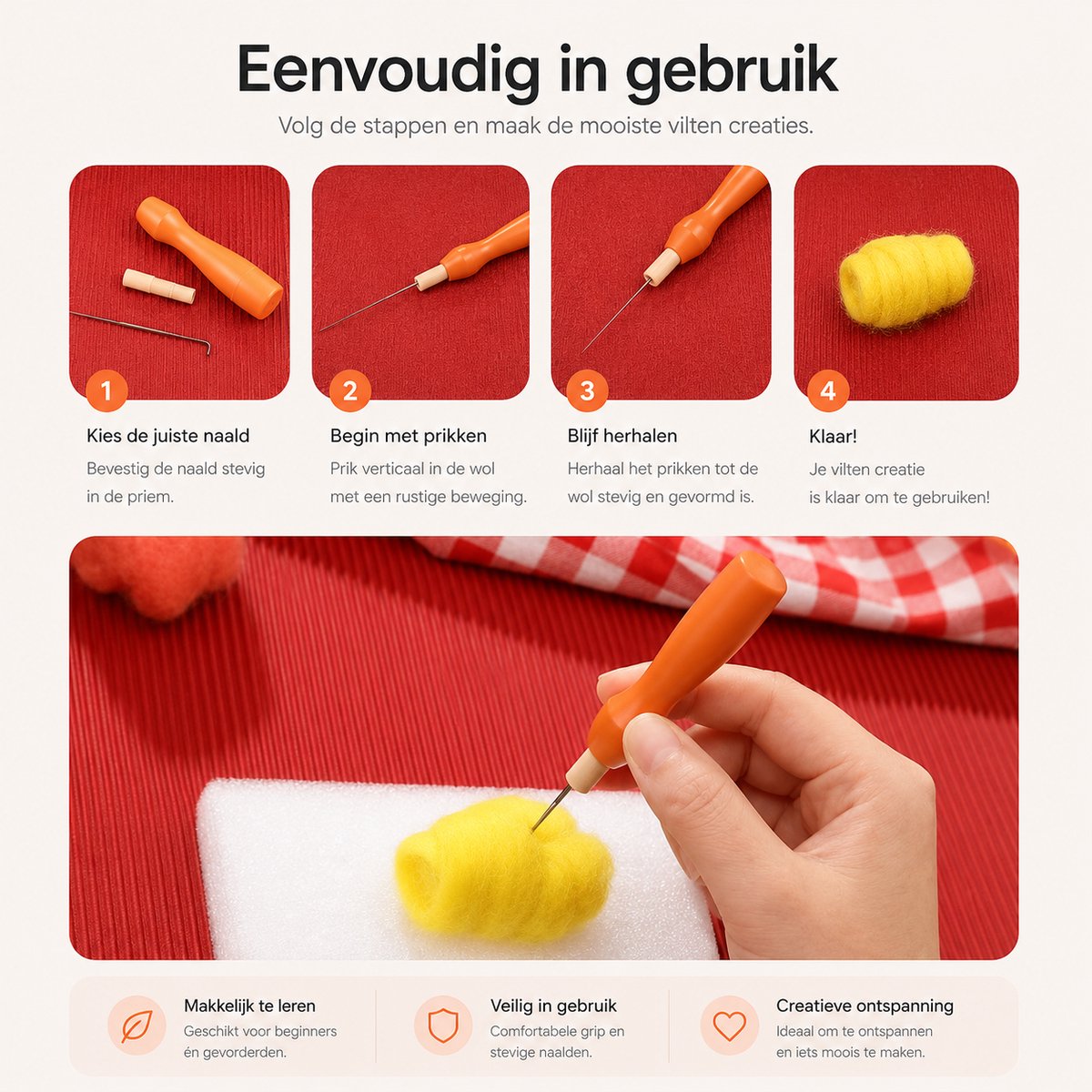 BOTC Naaldvilten - Starterset - Incl. Tools en doos - Needle felting - Pakket - Gekaarde wol - Viltnaalden - Oranje — afbeelding 5