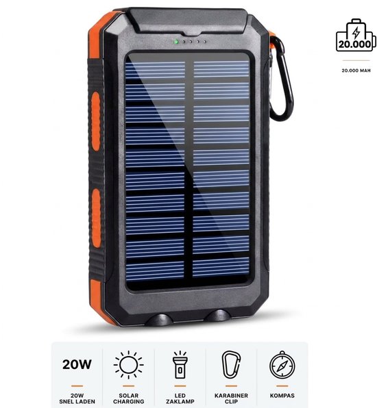 Solar Powerbank 20.000 MaH - Draagbare Oplader 3-in-1 – Zonne-energie – Waterdicht & Schokbestendig – Snelladen USB/USB-C – Powerbank met Zaklamp – Camping & Outdoor