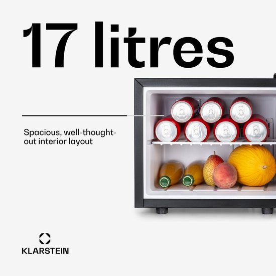 Klarstein Minibar Happy Hour 5-15°C Geruisloos: 23 dB : LED Verlichting - Zwart - 17L - voor Hotelkamer - Compact - Mini Fridge Kleine Koelkast Hotelkoelkast Drankkoeler Compact Koelkast van Klarstein — afbeelding 4