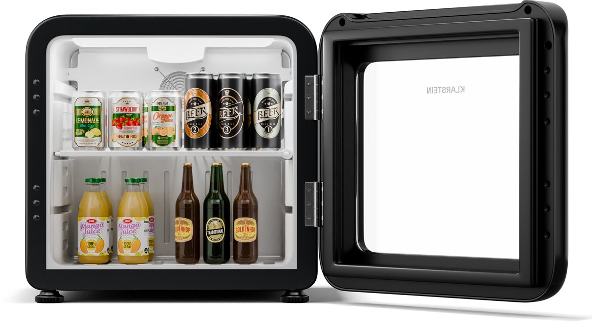 Klarstein Audrey Evo Drankenkoelkast met Glazen Deur - 45L Minikoelkast, Retro Design, Dubbelwandige Deur, LED-verlichting, 0-10 °C, Energieklasse C, Zwart