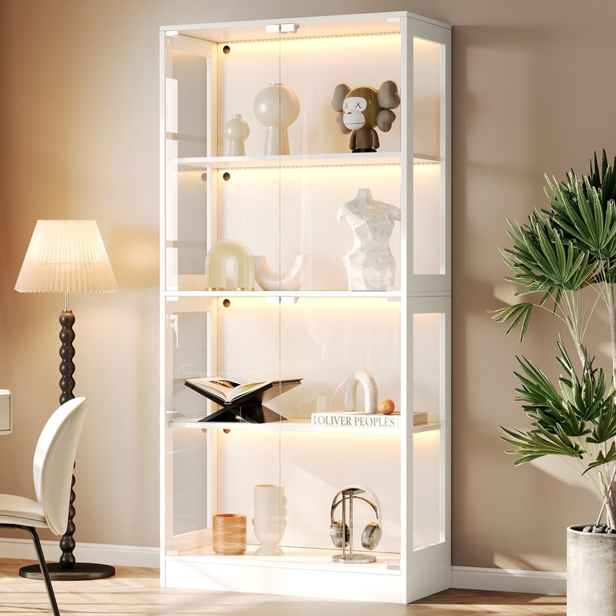 Pugsdrly 80 x 35 x 170 cm LED-vitrine, glazen vitrine voor verzamelingen, transparant, 4 opbergniveaus, app-gestuurde LED-verlichting, push-to-open deuren, vitrine voor figuren en modellen, minimalistisch wit