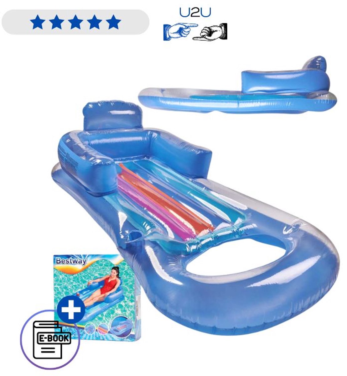 Bestway Opblaasbaar Watermatras Stoel 43028 Blauw 161 cm - Zwembad Lounge Met Rugleuning En Armsteunen - Drijvend Luchtbed Voor Zwembad Strand Meer En Vakantie Tot 90 kg Met Ebook
