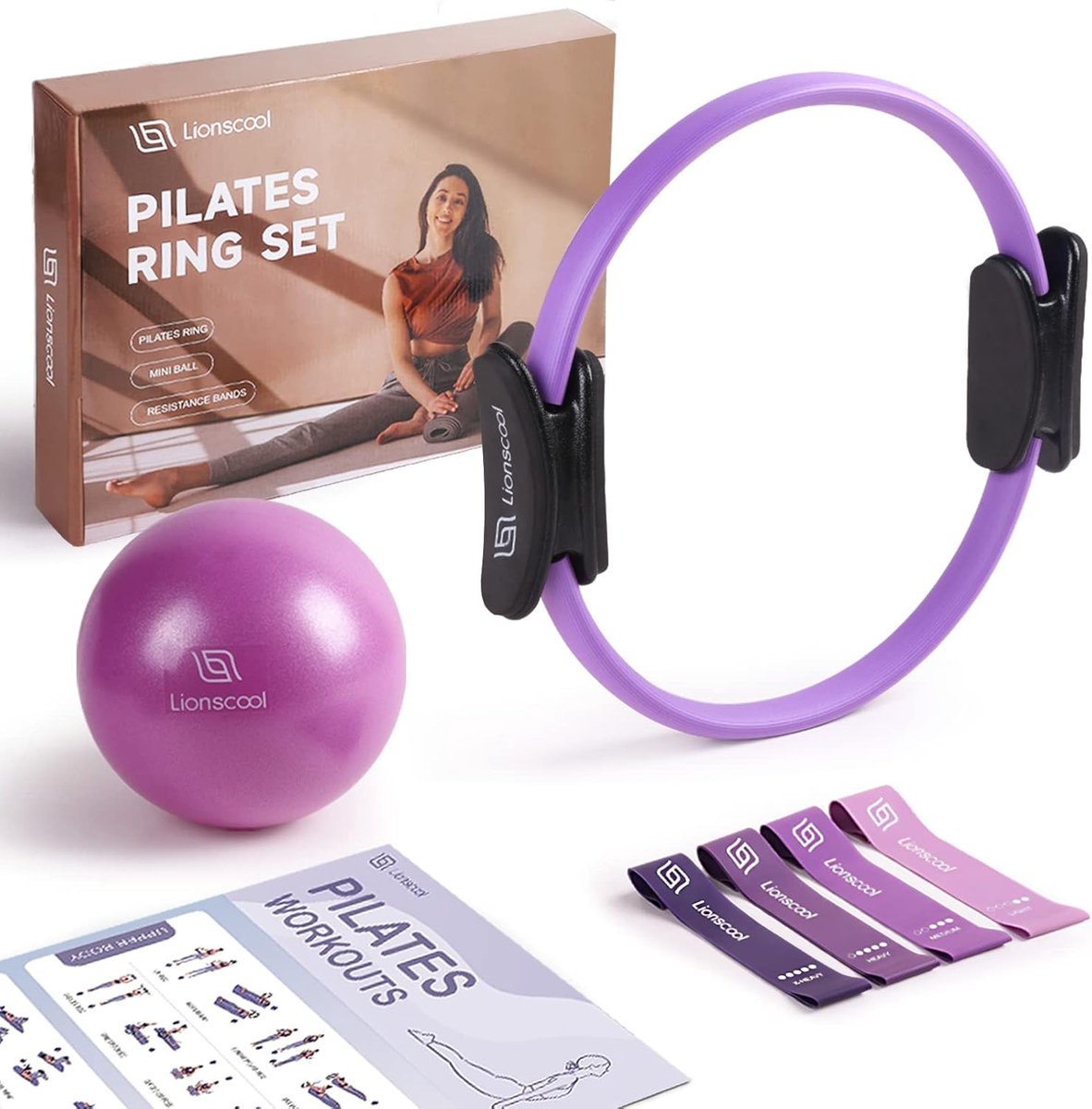 Pilates Ring Set 14 Inch - Magic Circle met Handgrepen incl. Mini Bal en Weerstandsbanden - Anti-Vervorming Pilates Set