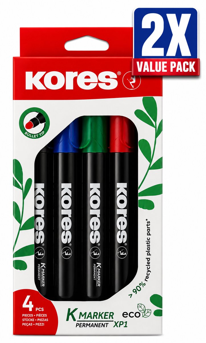 Kores Eco Whiteboard Markers Set van 4 Kleuren - Voordeelverpakking van 2 Etuis (8 Stiften Totaal) - Ronde Punt 3 mm - Milieuvriendelijk Hervulbaar Design - Uitwisbare Inkt