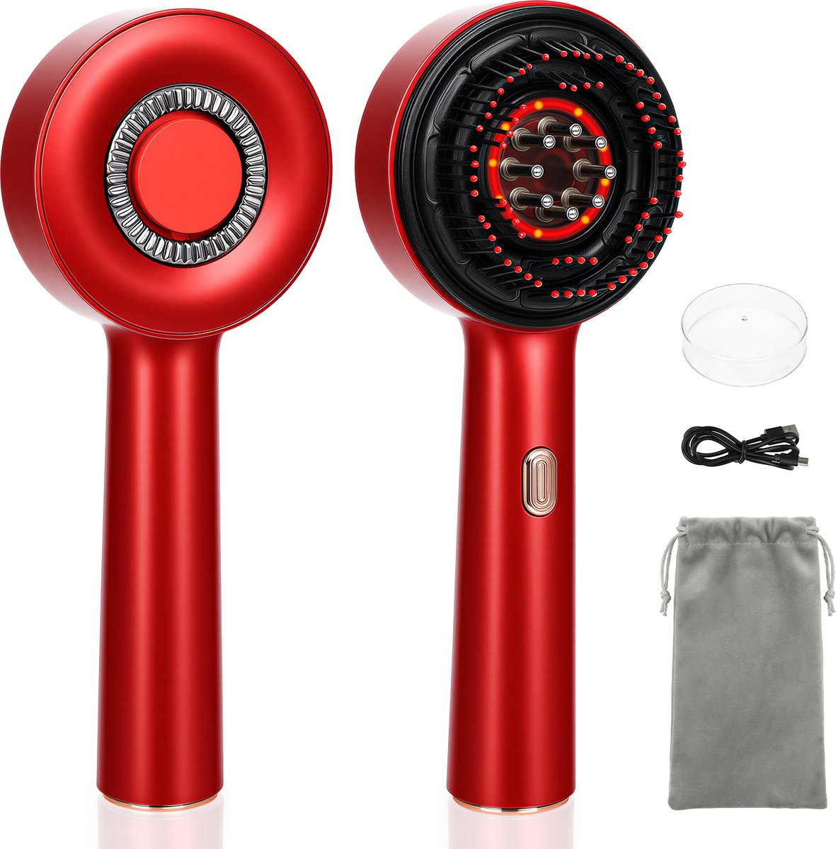 3-in-1 Elektrische Hoofdhuidmassager - Roodlichttherapie-apparaat - Massage Borstel & Haarolie Applicator - IPX7 Waterdicht - Draadloos USB Oplaadbaar - Rood