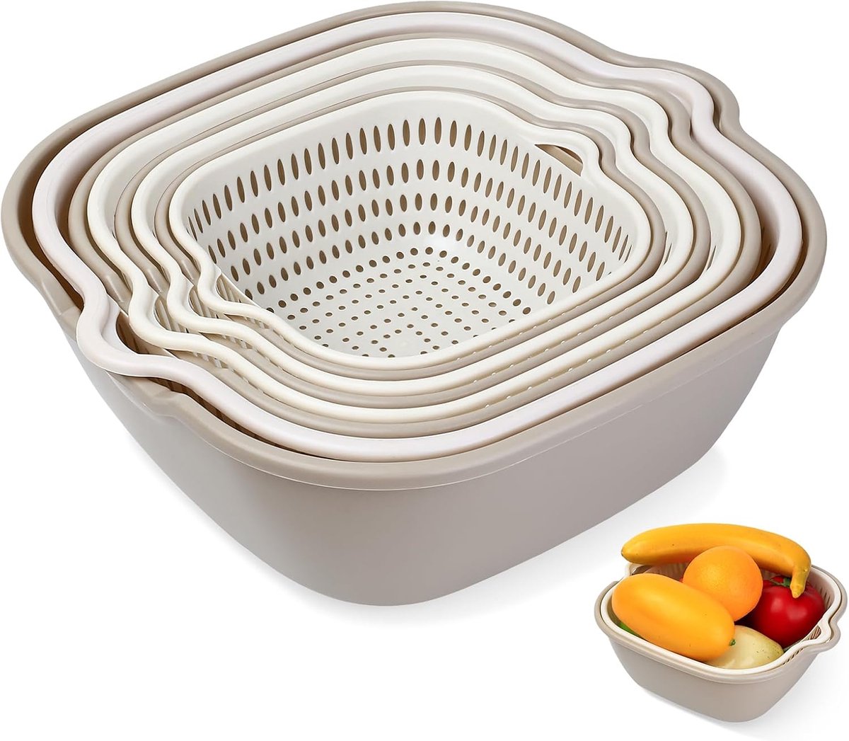OLOEY 8-delige multifunctionele uitlekmandenset voor groenten en fruit-2-in-1 keukenuitlekmand-Dubbellaagse plastic uitlekmand