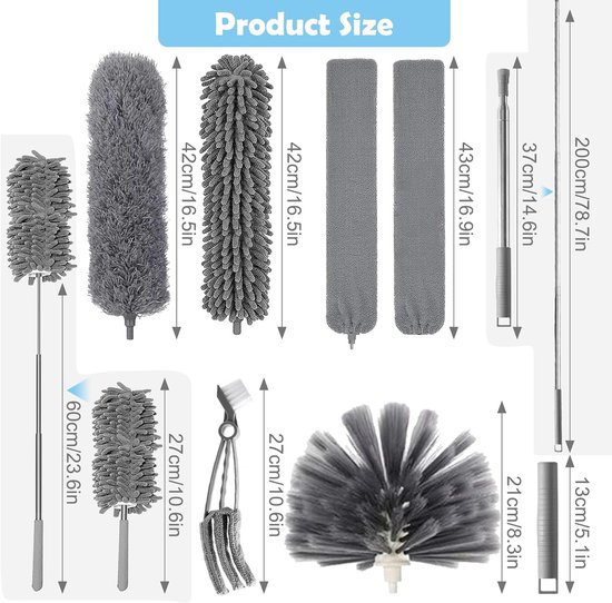 Stofdoek Set - Spinnenwebbezem - Hoge Oppervlakken Reinigen - Telescopische Steel - 9 Delig - Zwart Wit — afbeelding 4