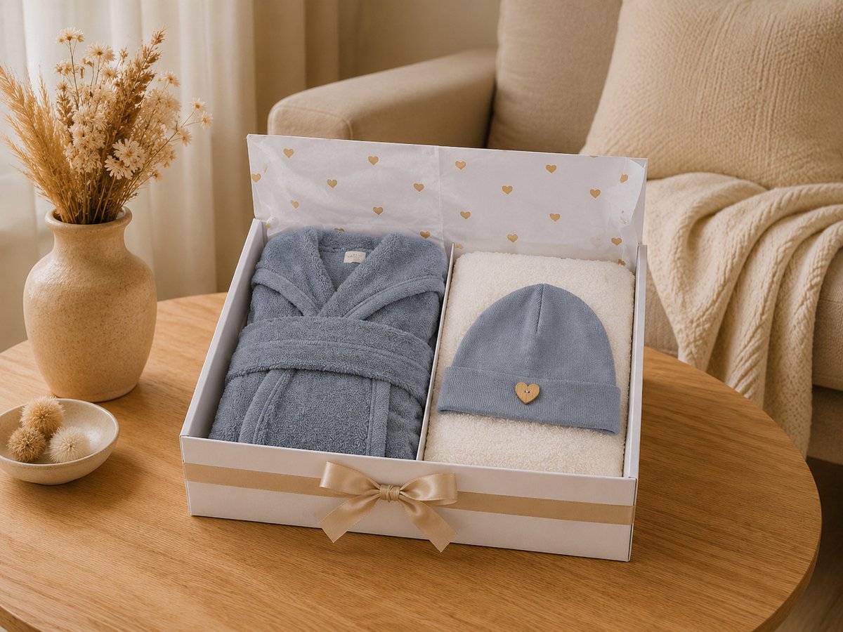 Baby Cadeau - Kraamcadeau Baby – Luxe Baby Giftbox Blauw – Badjas, Muts & Slab – Geboortecadeau jongen
