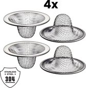 Set van vier RVS gootsteenfilters met fijne maaswijdte, met 'Stainless Steel 304' logo.