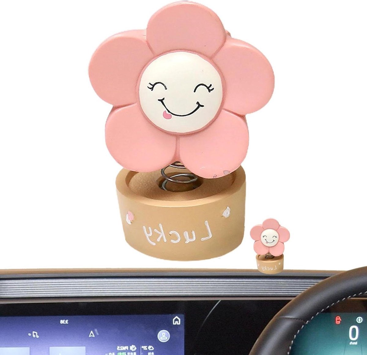 Zonnebloem Auto Accessoires - Bobble hoofd - Auto Decoratie - Handgemaakte Hars Figuur - 5 x 6.5 cm - Strabing Roze