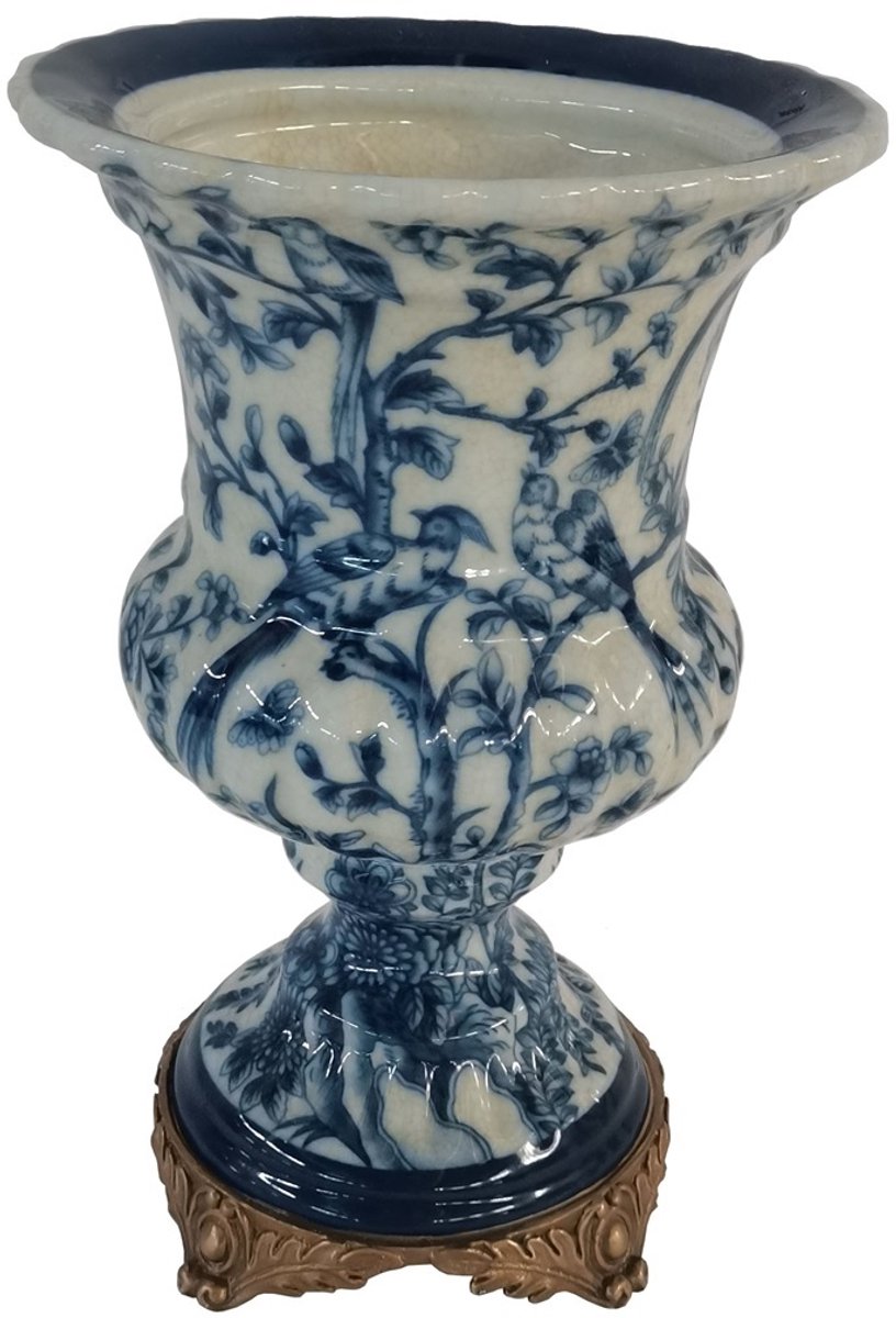 Vaas Vogels op tak, blauw/ wit 20x17x26cm