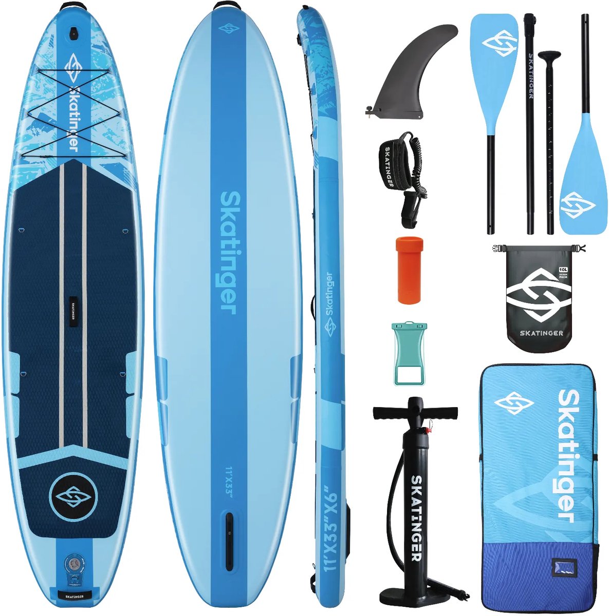 Skatinger Ice Age Blue Opblaasbaar Allround SUP Board – Compleet Pakket