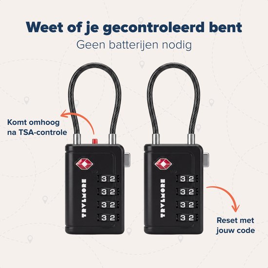 Twee zwarte, 4-cijferige TSA-goedgekeurde koffersloten. Eén met rode knop omhoog na TSA-controle, de ander gesloten.