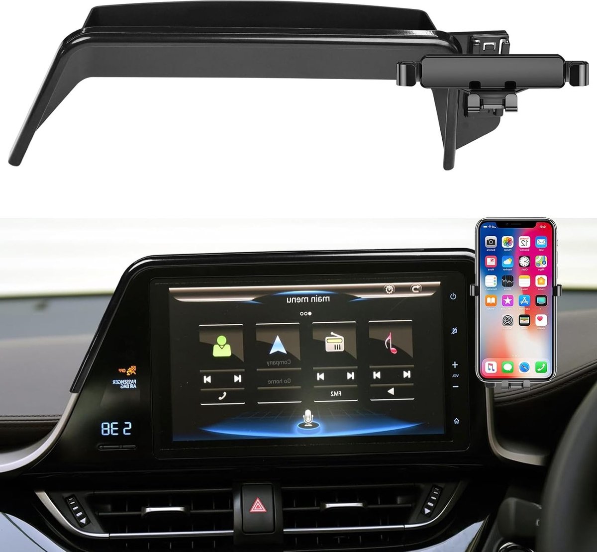 Compatibele telefoonhouder voor Toyota CHR met opbergcompartiment, geschikt voor smartphones tot 8 inch, draaibaar en verstelbaar voor optimale zichtbaarheid in 2019-2022 modellen