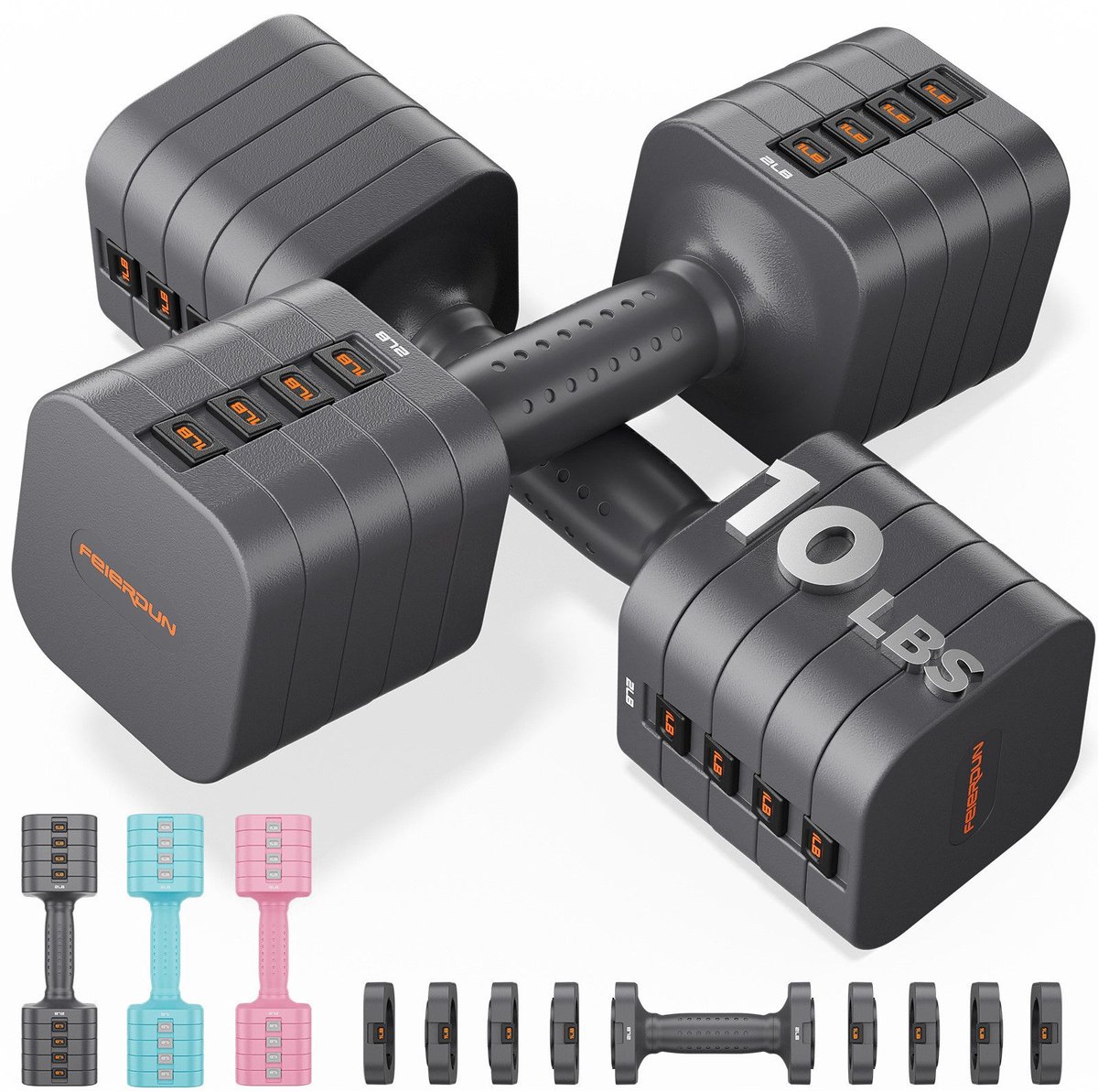FEIERDUN - Verstelbare hantel 2er set 2-8 kg - Dubbele vergrendeling - Handgewichten voor thuisgym voor vrouwen