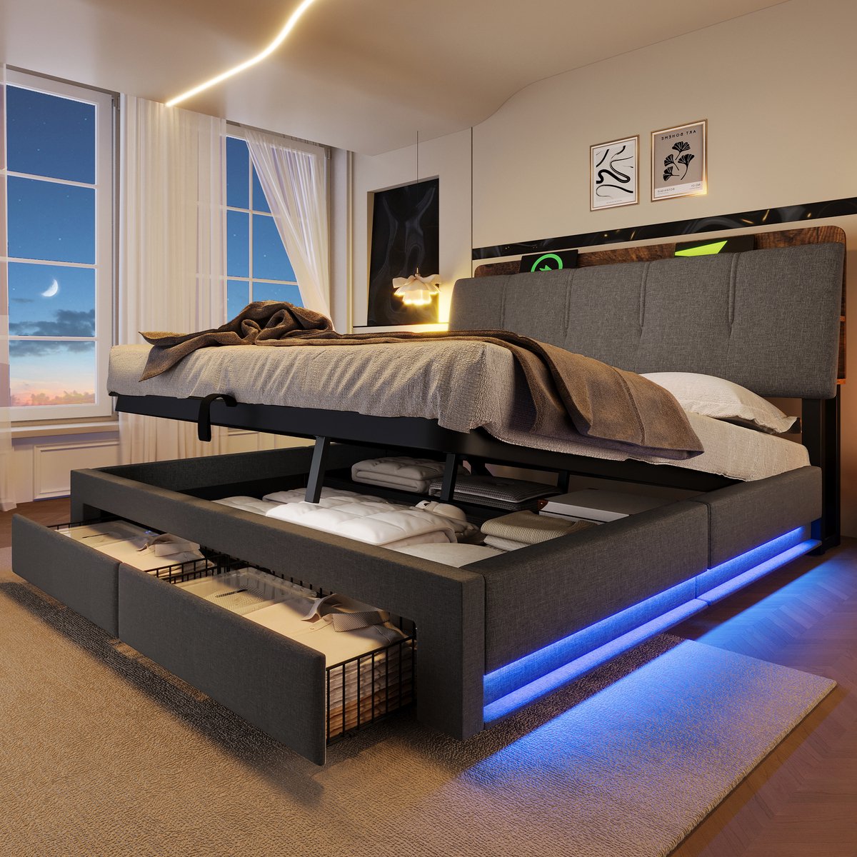 MODFU Gestoffeerd Bed - Opbergruimte En USB-C - LED-Verlichting - Voor Slaapkamer - Linnen En MDF - Grijs - 140 X 200 Cm