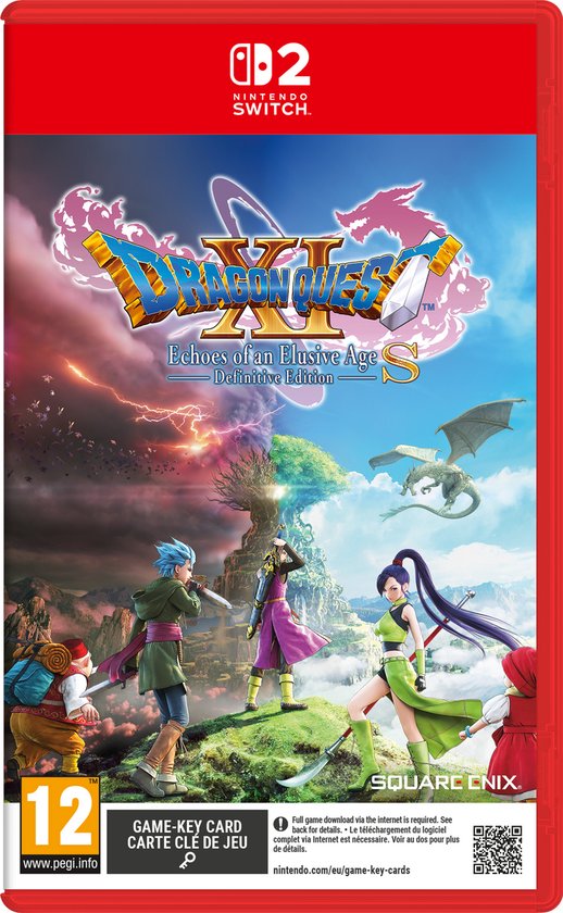 Nintendo Switch speldoos met 'Dragon Quest XI S' logo, personages en een draak.