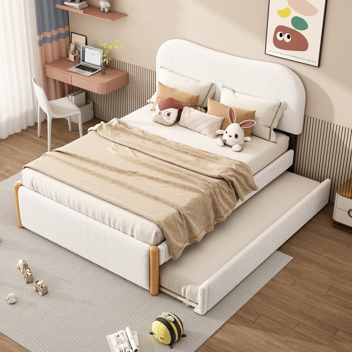 Boxspring Bed 140x200 Cm Met Uitschuifbed - Gestoffeerd Bedframe Wit - Luxe Slaapbed Met Opklapfunctie Modern Design