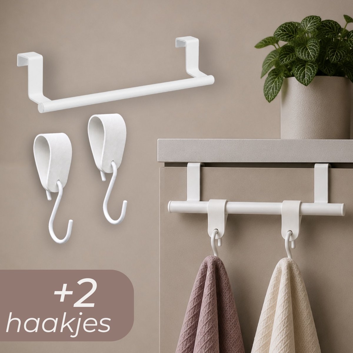 Hoya living - RVS Handdoekrek keukenkastje - VALI 23cm Wit + 2x S-haak hanger handdoekhaakjes - Voor 2 handdoekjes - zonder boren
