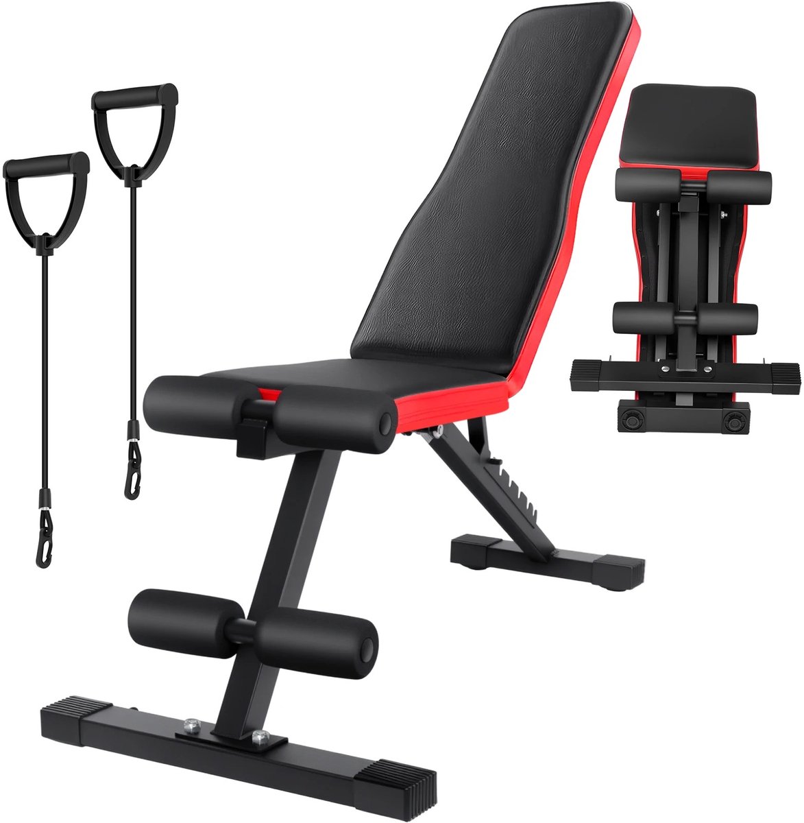 Verstelbare Halterbank - Opvouwbare Trainingsbank voor Thuisgym - Fitnessbank met 7 Rugleuningstanden - Krachttrainingsbank van Staal en Leer - Zwart Rood - Geschikt voor Full Body Workouts - Compact en Ruimtebesparend Ontwerp