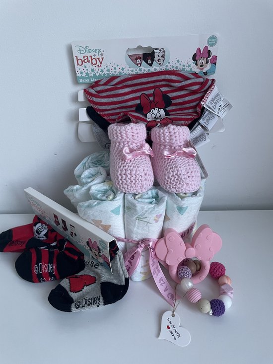 Luiertaart | Meisjes | Minnie mouse | Handgemaakte bijtring | Slabbetjes | Babyslofjes | Sokjes | Pampers luiers | Kraamcadeau | Babyshower | Maminobaby.nl — afbeelding 2