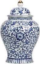 Keramische Pot met Deksel - Thee Pot Opbergpot - Thee Bewaren - Lotus Bloesem Design - 900 ml - Blauw Wit