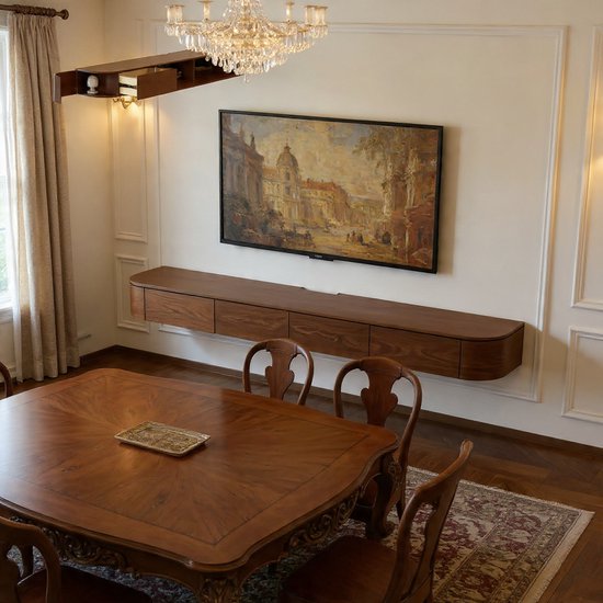 Zwevend walnoot bruin TV meubel met vier lades, met een ladekastje daarboven.