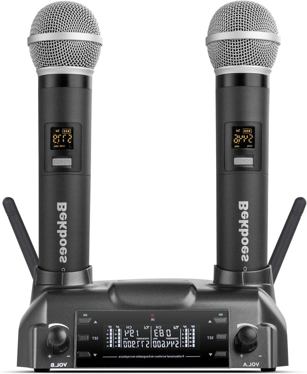 Draadloos Microfoonsysteem - Dubbele Microfoons - Feest Karaoke Vergadering - Magnetisch Draadloos Opladen - 50m Bereik - Zwart