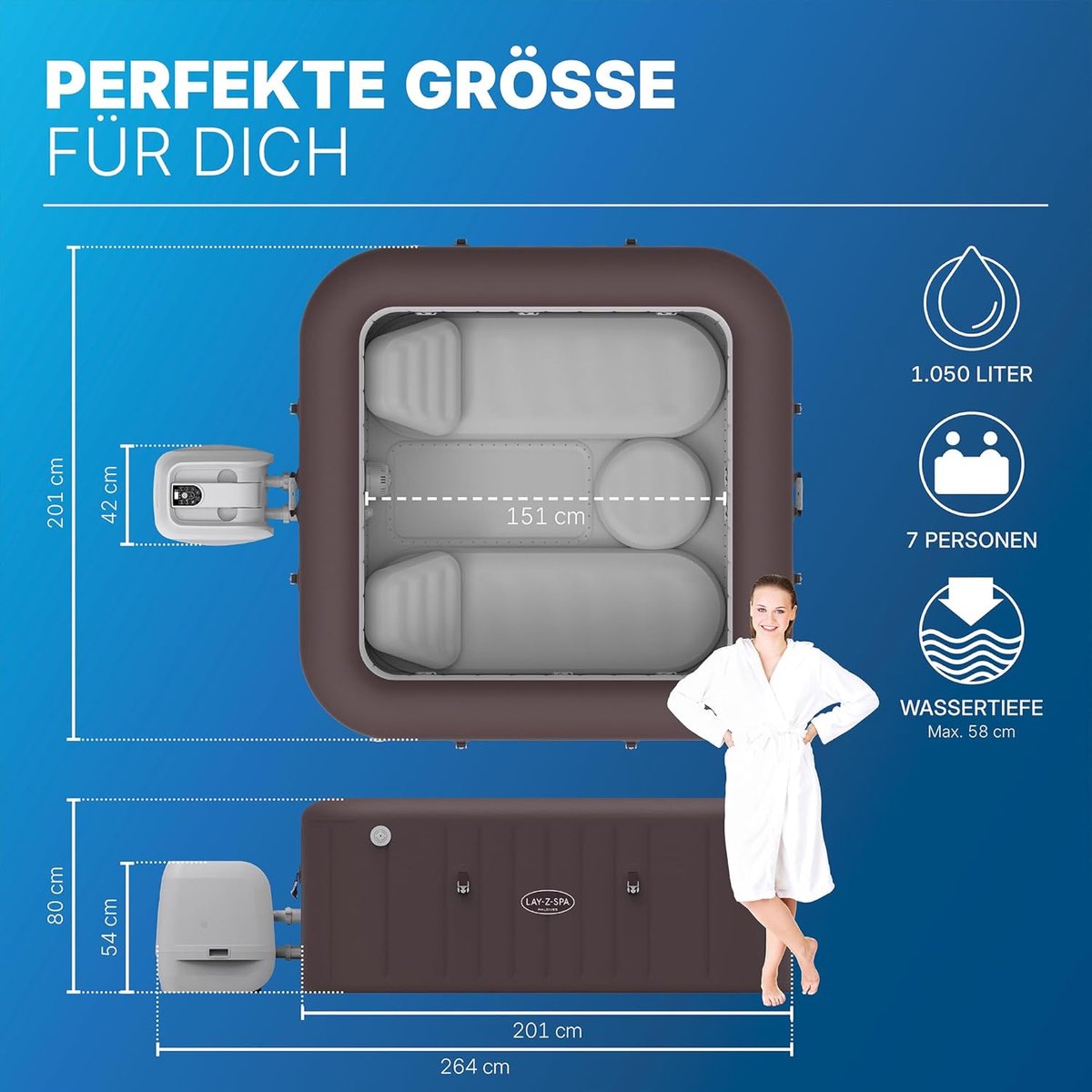 Opblaasbare Whirlpool 7 Personen Vierkant 201x201 cm – ABTkantoor Premium HydroJet Pro Spa met 188 Jets, App Bediening, Verwarming tot 40°C, Energiezuinig, Winterbestendig Jacuzzi met LED & Accessoires