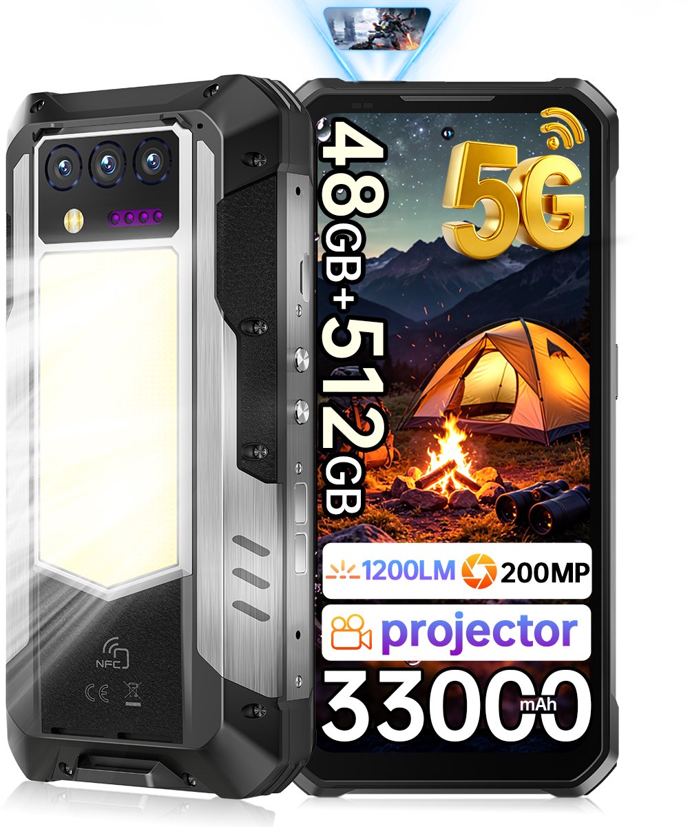 OUKITEL WP100 TITAN Rugged Smartphone 5G - 48GB RAM - 512GB ROM - 33000mAh 66W - 6,8 inch 120Hz - 200MP + 32MP Camera, 20MP Nachtzicht - BT 5.4 - 100 LM projector - 1200LM Campinglamp - IP68/IP69 K - Android Telefoon - NFC GPS