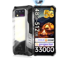 OUKITEL WP100 TITAN Rugged Smartphone 5G - 48GB RAM - 512GB ROM - 33000mAh 66W - 6,8 inch 120Hz - 200MP + 32MP Camera, 20MP Nachtzicht - BT 5.4 - 100 LM projector - 1200LM Campinglamp - IP68/IP69 K - Android Telefoon - NFC GPS