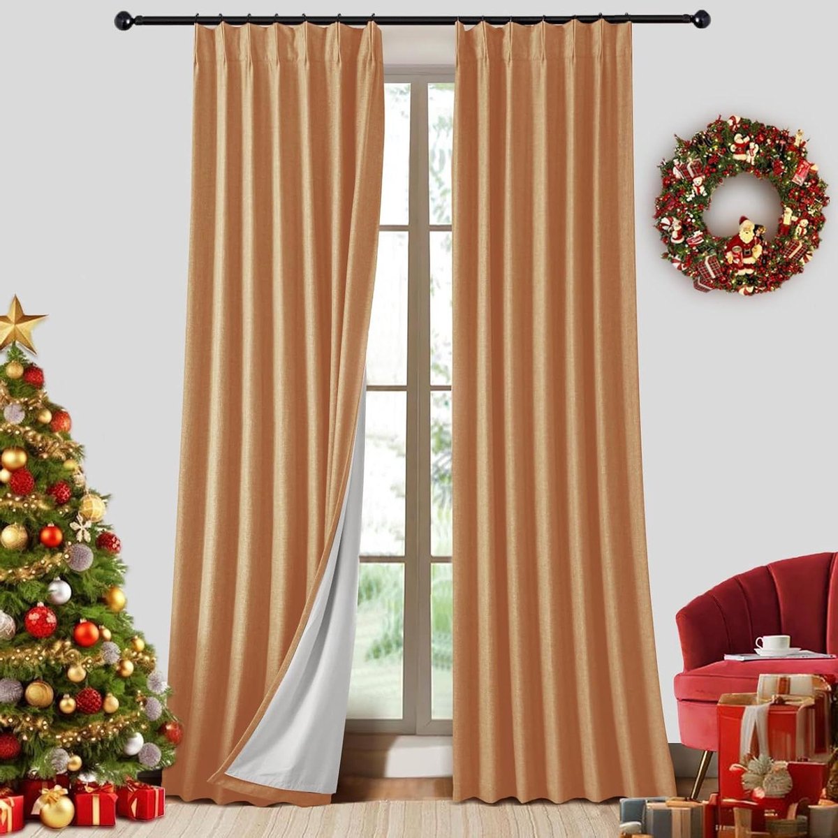 Verduisterende Gordijnen - Linnen Plooi - Slaapkamer Privacy - Dubbele Knijpplooi - 2x 101x241 cm - Oranje Goud
