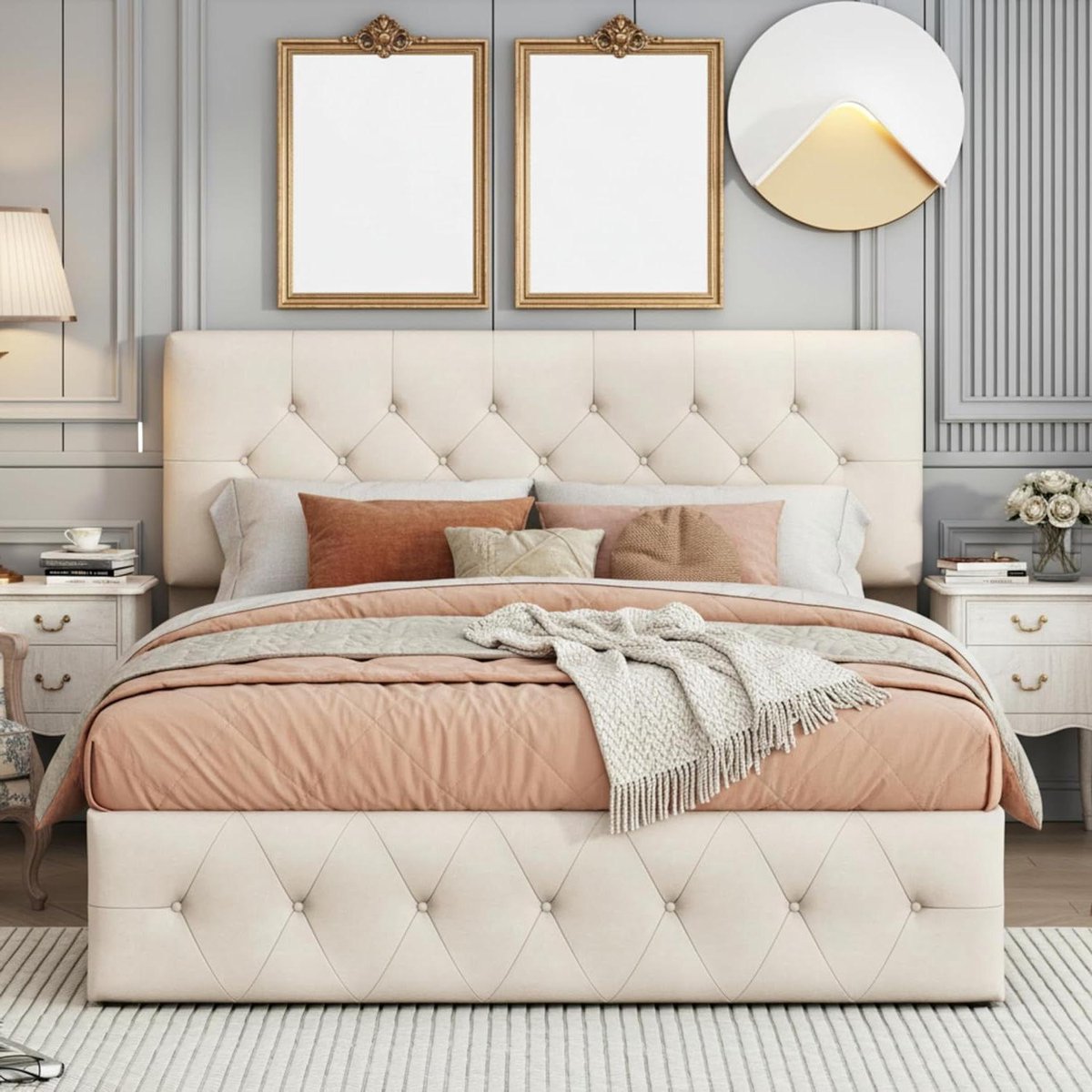 Gestoffeerd Tweepersoonsbed - Opbergbed Hydraulisch - Slaapkamer Inrichten - Golvend Design - 160x200 cm - Beige