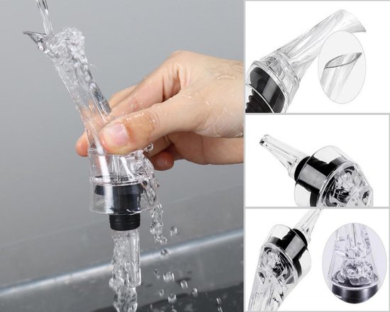 Close-up van een doorzichtige wijnschenktuit met zwarte rubberen afdichting die water vasthoudt; kleinere afbeeldingen tonen details van het product.