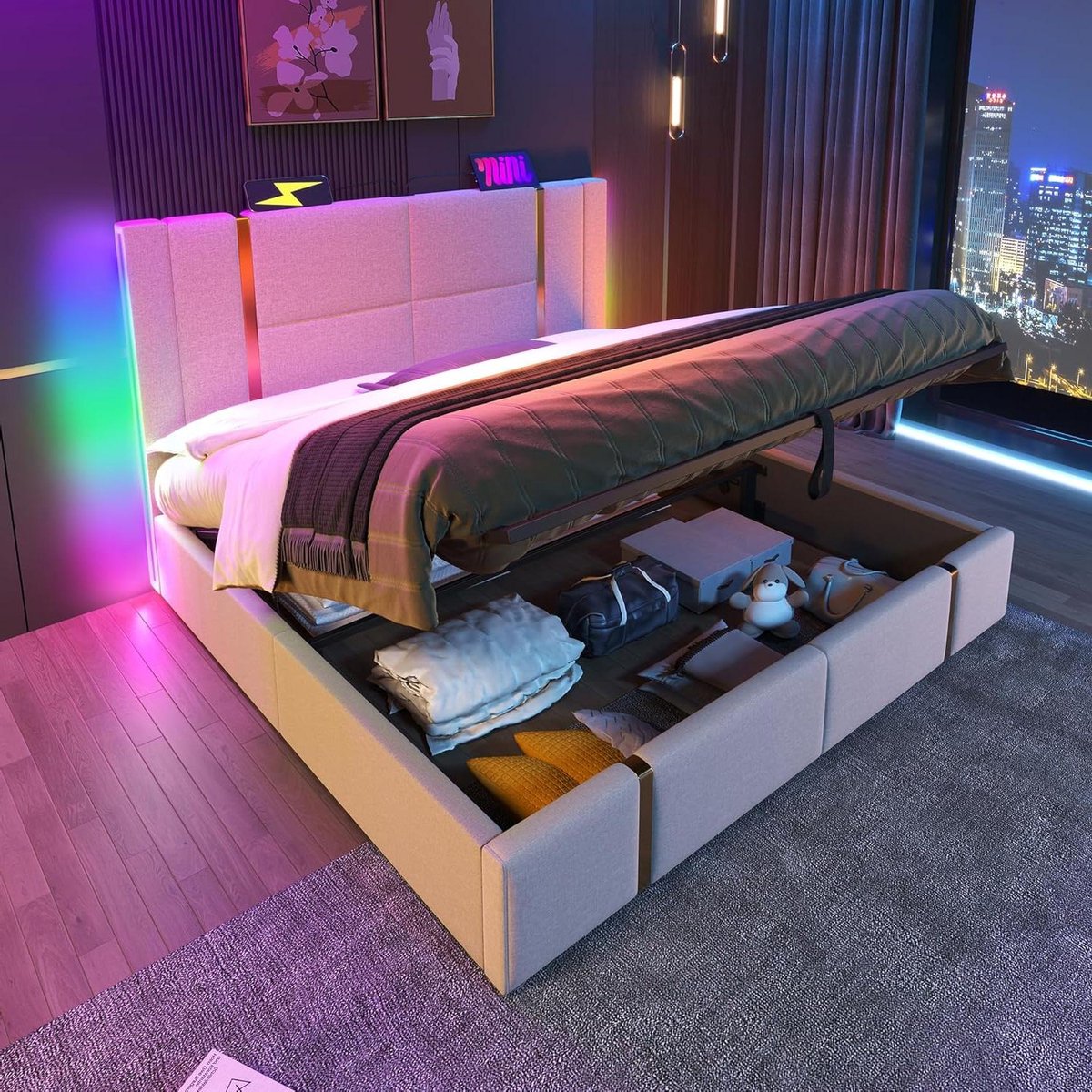 Kussenbed 140 x 200 - Opbergbed Bedframe - Slaapkamer Opruimen - App Gestuurd LED Licht