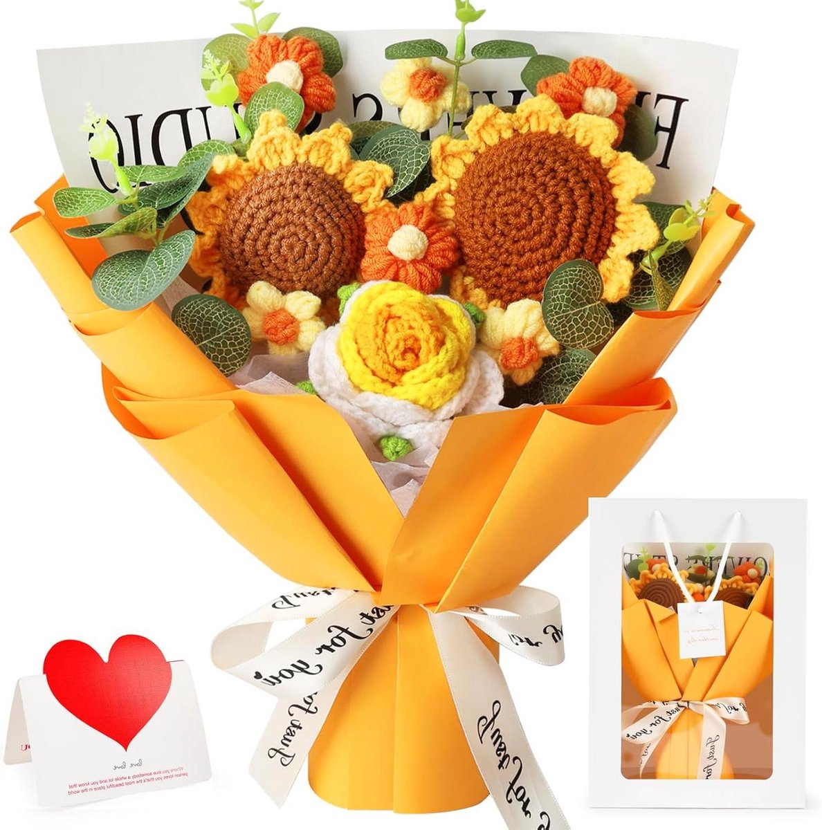Gehaakt bloemenboeket - Kunstbloemen Zonnebloem cadeau - Woondecoratie - Handgebreid met garen - 32 x 24 x 7 cm - Geel