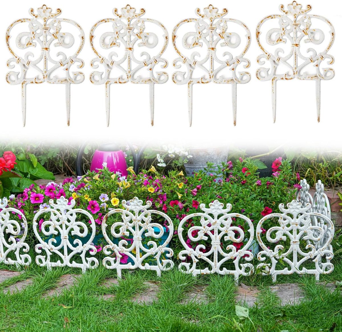 Tuinrand Decoratie - Bloembakrand Hek - Tuin Afscheiden - Gietijzer Rustiek - 4 stuks 30cm - Wit