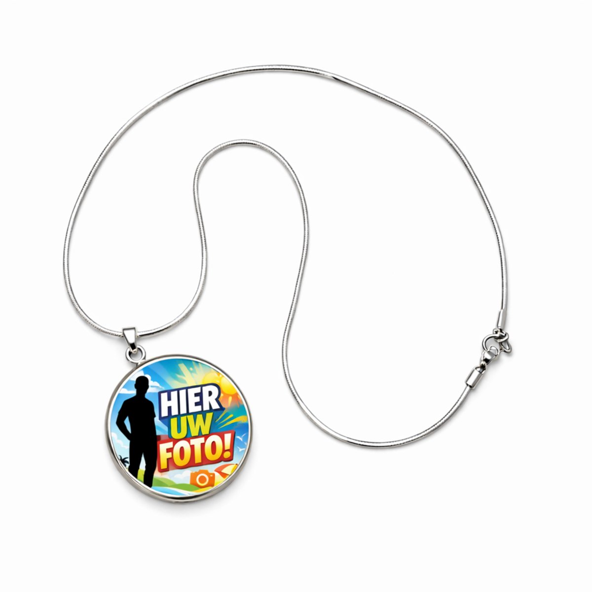 Gepersonaliseerde ronde foto ketting van roestvrij staal met fotoprint aan de voorkant en tekstgravure op de achterkant