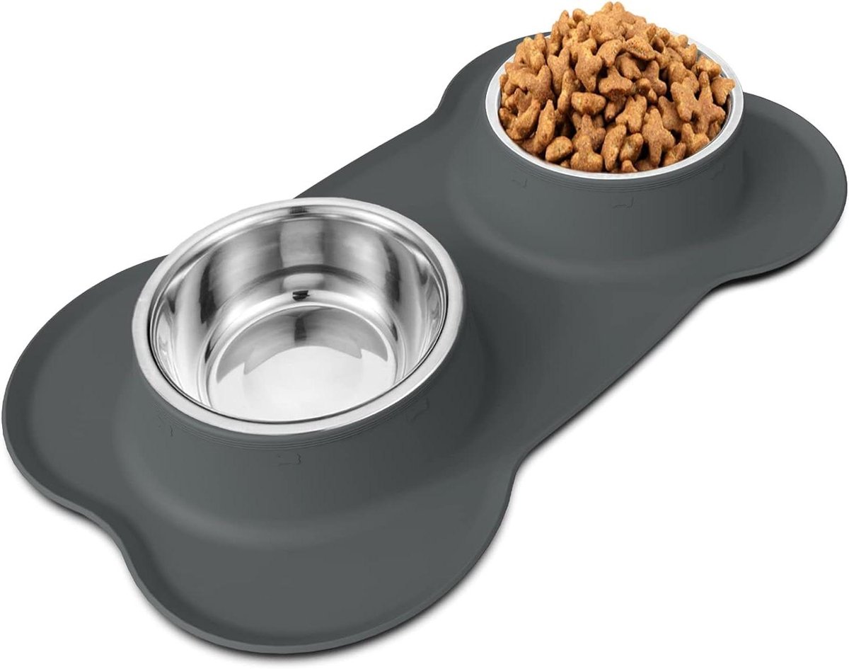 Hondenvoerbakken Set - Hondenbakken Waterbak - Voorkomt Knoeien - Met Antislip Mat - 2 Stuks 6 Cups - Grijs