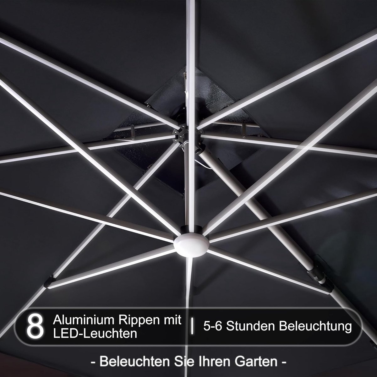 Professionele Meran Pro XXL Zweefparasol - 330 x 330 cm - Inclusief 150kg Vulbare Voet & LED-Verlichting - 360° Draaibaar - UV50+ Windvast Aluminium - Grijs