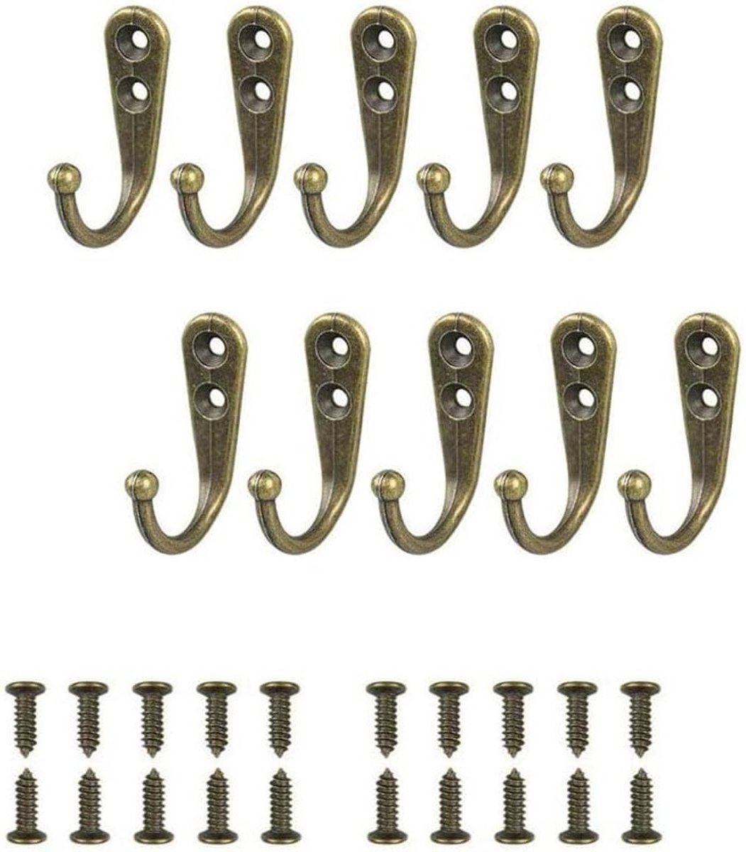 10 Stuks Enkele Haken voor Muurbevestiging in Bronzen Kleur met Bevestigingsschroeven - Ideaal voor Decoratie en Organisatie