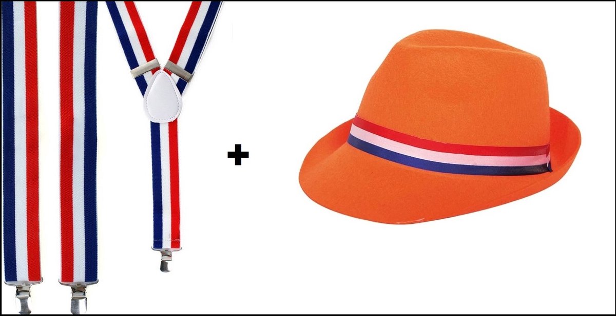 1x Festival hoedje oranje + 1x Bretel rood/wit/blauw - Koningsdag WK Holland festival thema feest Orange
